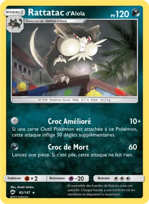 Carte Pokémon Rattatac d’Alola 082/147, extension Ombres Ardentes