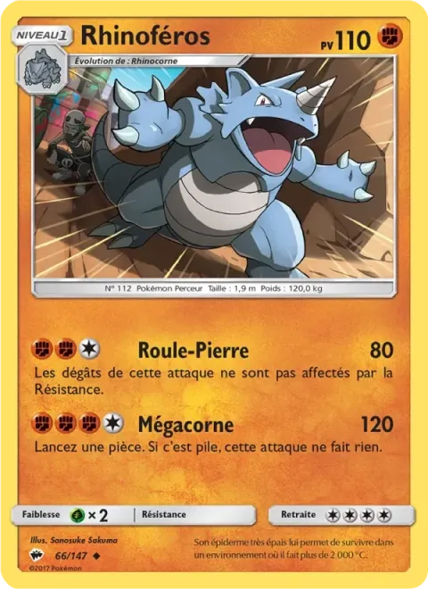 Carte Pokémon Rhinoféros 066/147, extension Ombres Ardentes