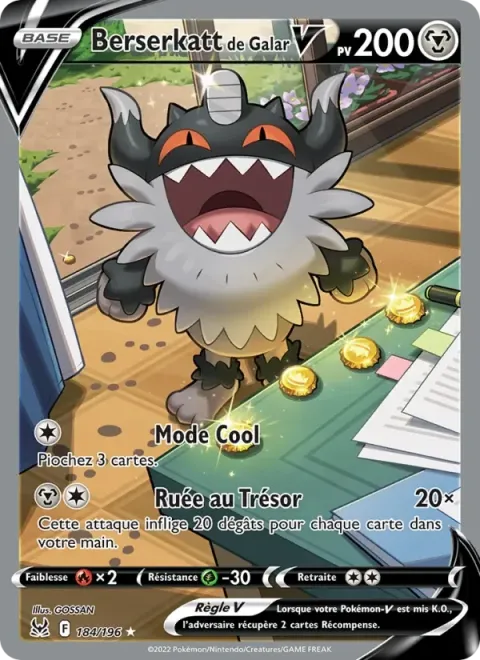 Carte Pokémon Berserkatt de Galar V 184/196, extension Origine Perdue