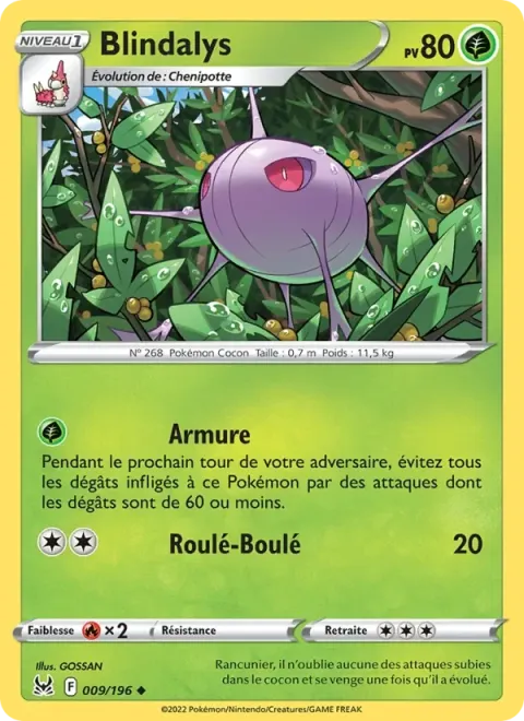 Carte Pokémon Blindalys 009/196, extension Origine Perdue