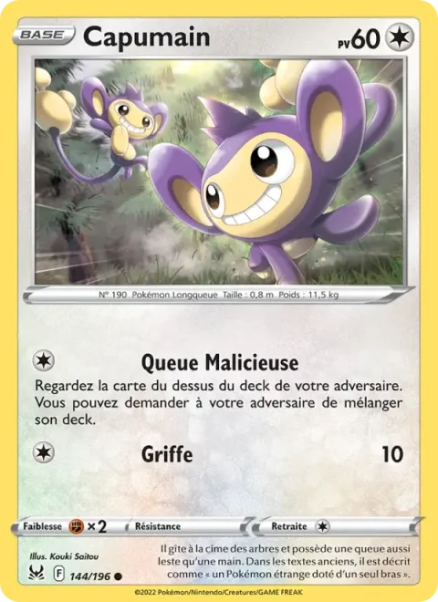 Carte Pokémon Capumain 144/196, extension Origine Perdue