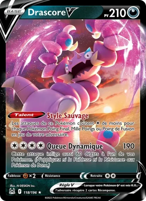Carte Pokémon Drascore V 118/196, extension Origine Perdue