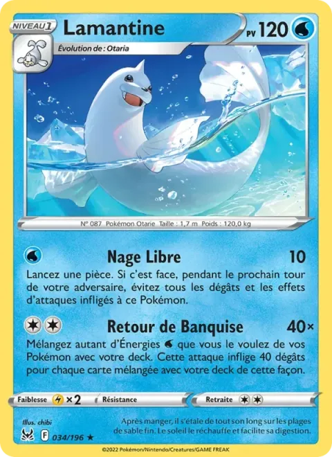 Carte Pokémon Lamantine 034/196, extension Origine Perdue