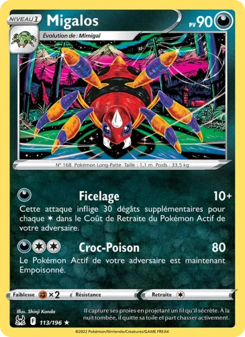 Carte Pokémon Migalos 113/196, extension Origine Perdue