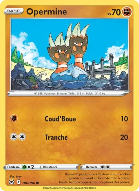 Carte Pokémon Opermine 106/196, extension Origine Perdue