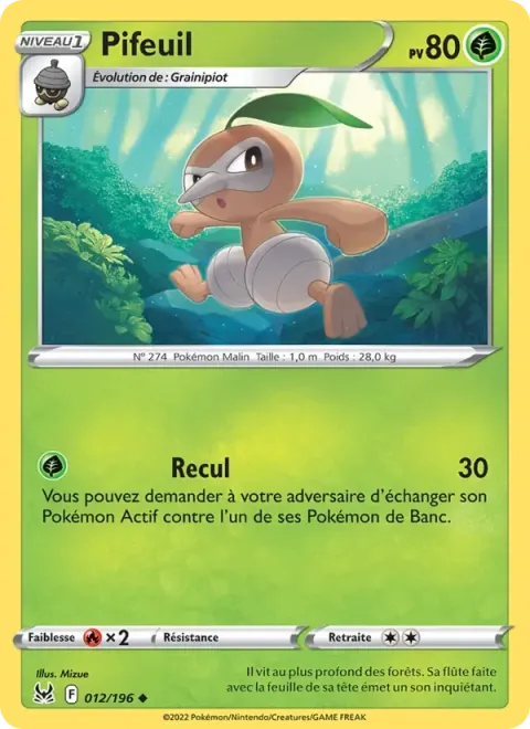 Carte Pokémon Pifeuil 012/196, extension Origine Perdue