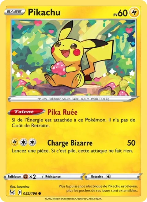 Carte Pokémon Pikachu 052/196, extension Origine Perdue
