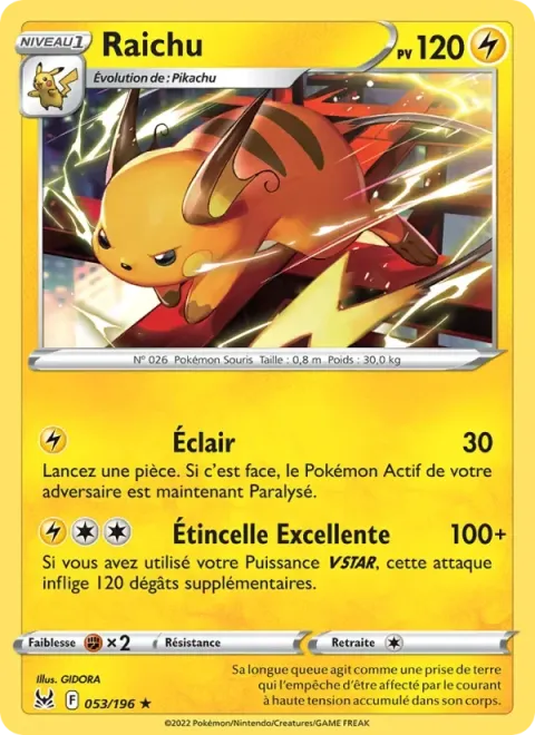 Carte Pokémon Raichu 053/196, extension Origine Perdue