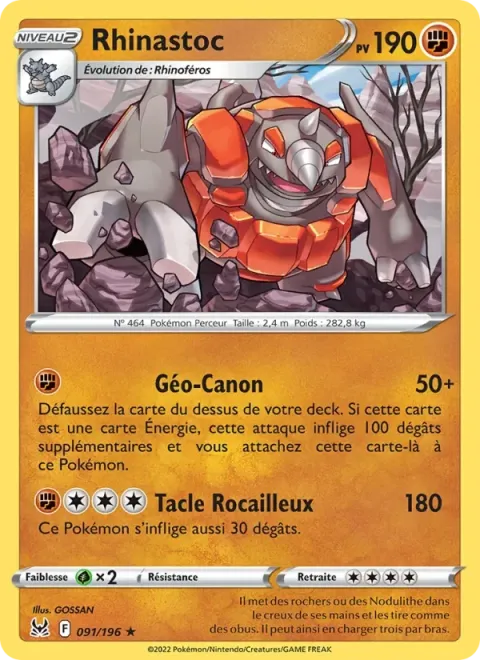 Carte Pokémon Rhinastoc 091/196, extension Origine Perdue