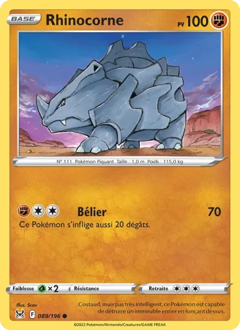 Carte Pokémon Rhinocorne 089/196, extension Origine Perdue