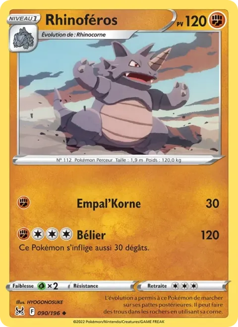 Carte Pokémon Rhinoféros 090/196, extension Origine Perdue