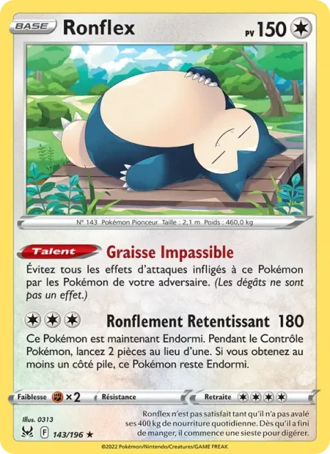 Carte Pokémon Ronflex 143/196, extension Origine Perdue