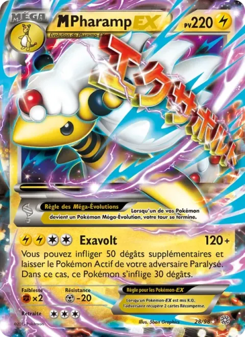 Carte Pokémon M-Pharamp EX 028/098, extension Origines Antiques