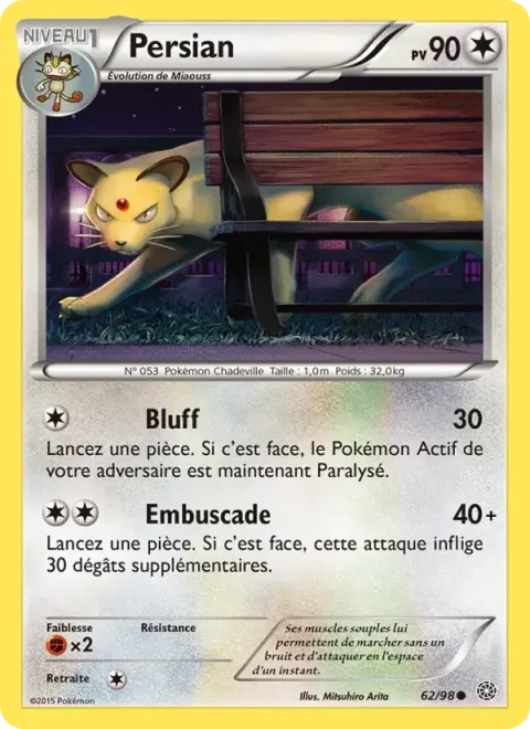 Carte Pokémon Persian 062/098, extension Origines Antiques