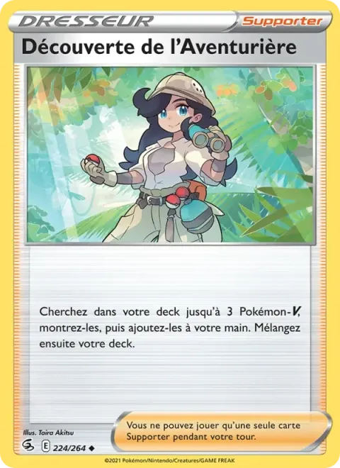 Carte Pokémon Découverte de l’Aventurière 224/264, extension Poing de Fusion
