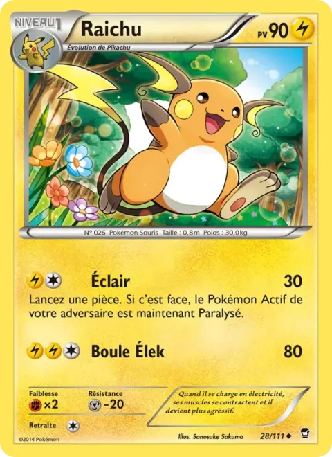 Carte Pokémon Raichu 028/111, extension Poings Furieux