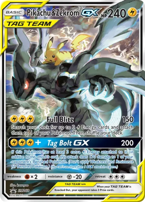 Carte Pokémon Pikachu et Zekrom GX SM168, extension Promo SM
