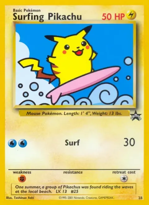 Carte Pokémon Pikachu surfeur 28, extension Wizards Black Star Promos
