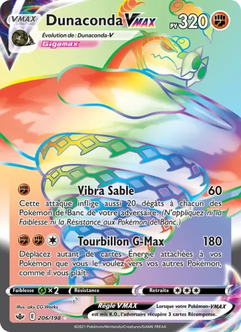 Carte Pokémon Dunaconda VMAX 206/198, extension Règne de Glace