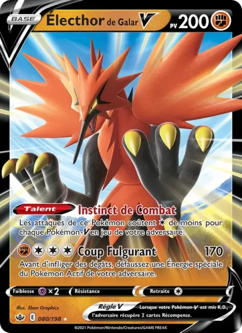 Carte Pokémon Électhor de Galar V 080/198, extension Règne de Glace