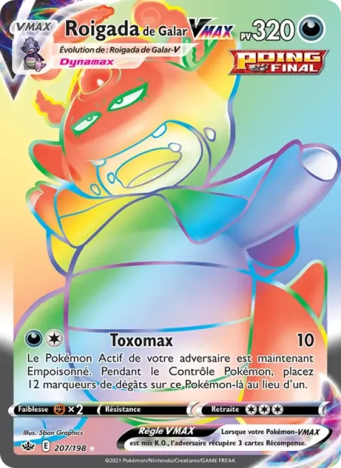 Carte Pokémon Roigada de Galar VMAX 207/198, extension Règne de Glace