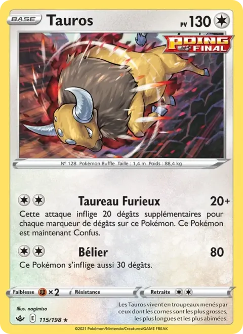 Carte Pokémon Tauros 115/198, extension Règne de Glace