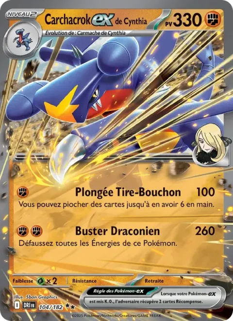 Carte Pokémon Carchacrok-ex de Cynthia 104/182, extension Rivalités Destinées