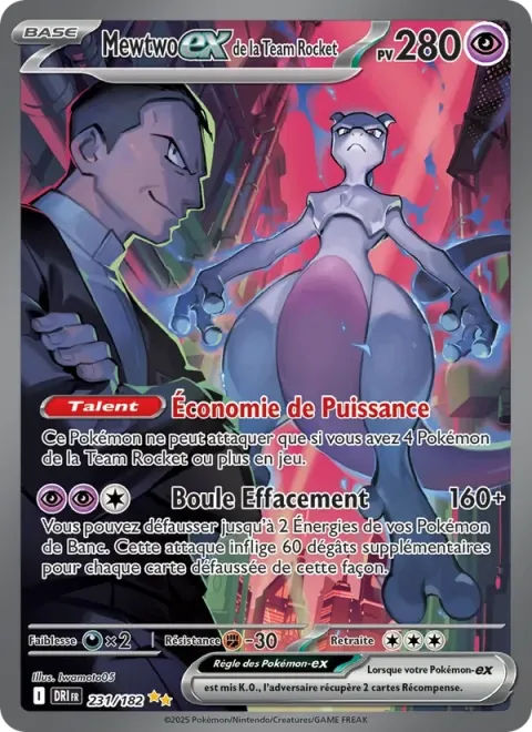 Carte Pokémon Mewtwo-ex de la Team Rocket 231/182, extension Rivalités Destinées