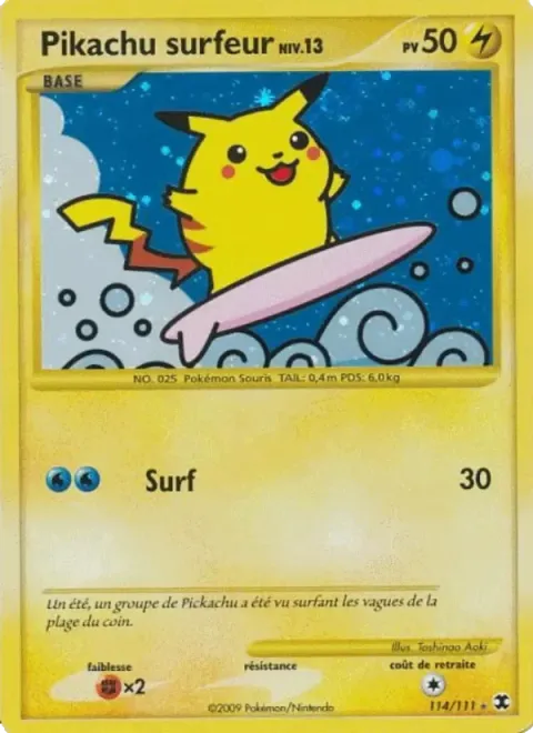 Carte Pokémon Pikachu surfeur Niv. 13 114/111, extension Rivaux Émergeants