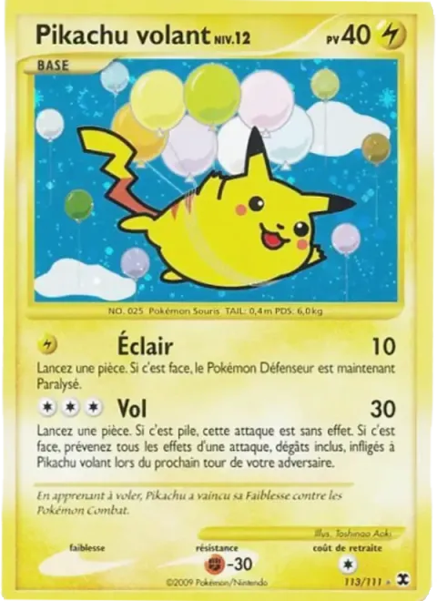 Carte Pokémon Pikachu volant Niv. 12 113/111, extension Rivaux Émergeants