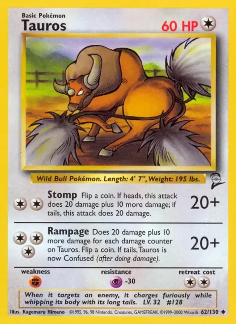 Carte Pokémon Tauros 062/130, extension Set de Base 2 (sortie anglaise)