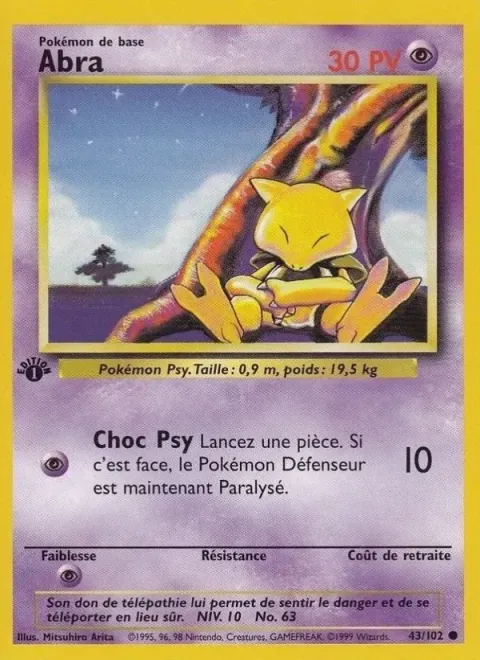 Carte Pokémon Abra 043/102, extension Set de Base