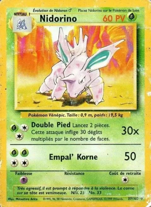 Carte Pokémon Nidorino 037/102, extension Set de Base