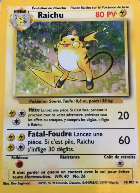 Carte Pokémon Raichu 014/102, extension Set de Base