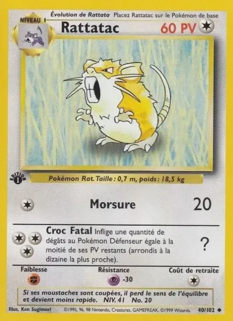 Carte Pokémon Rattatac 040/102, extension Set de Base