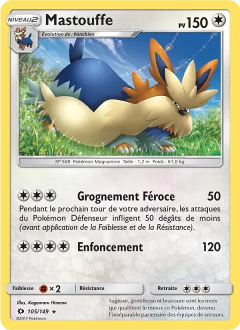 Carte Pokémon Mastouffe 105/149, extension Soleil et Lune