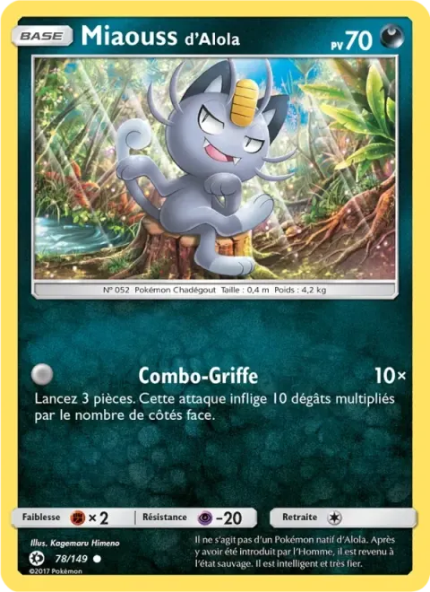 Carte Pokémon Miaouss d’Alola 078/149, extension Soleil et Lune