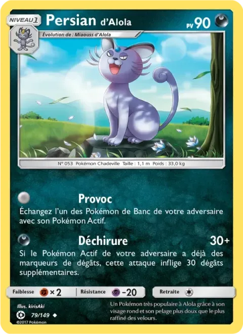 Carte Pokémon Persian d’Alola 079/149, extension Soleil et Lune