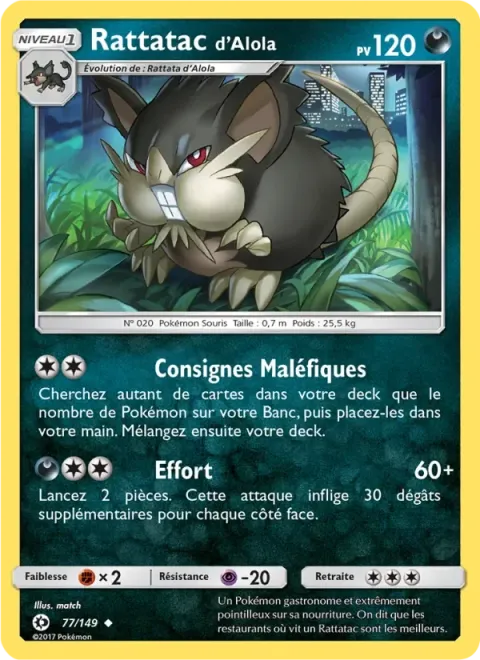Carte Pokémon Rattatac d’Alola 077/149, extension Soleil et Lune