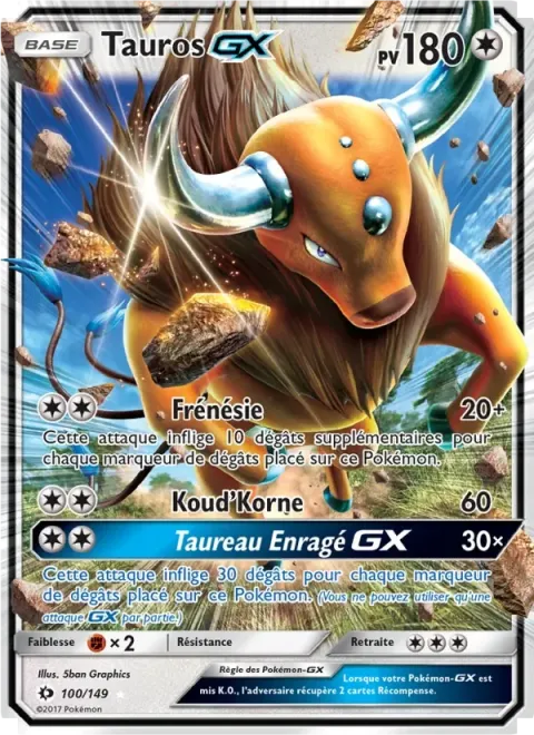 Carte Pokémon Tauros GX 100/149, extension Soleil et Lune