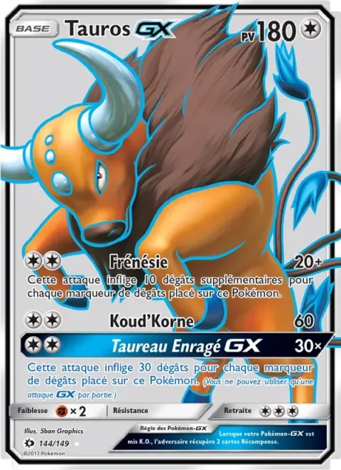Carte Pokémon Tauros GX 144/149, extension Soleil et Lune