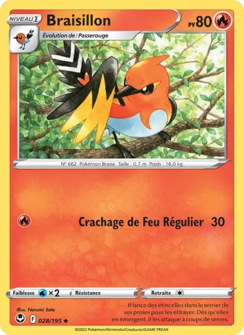 Carte Pokémon Braisillon 028/195, extension Tempête Argentée
