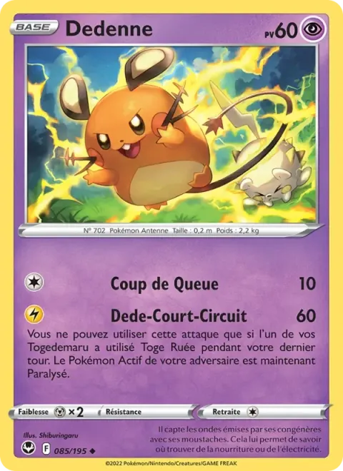 Carte Pokémon Dedenne 085/195, extension Tempête Argentée