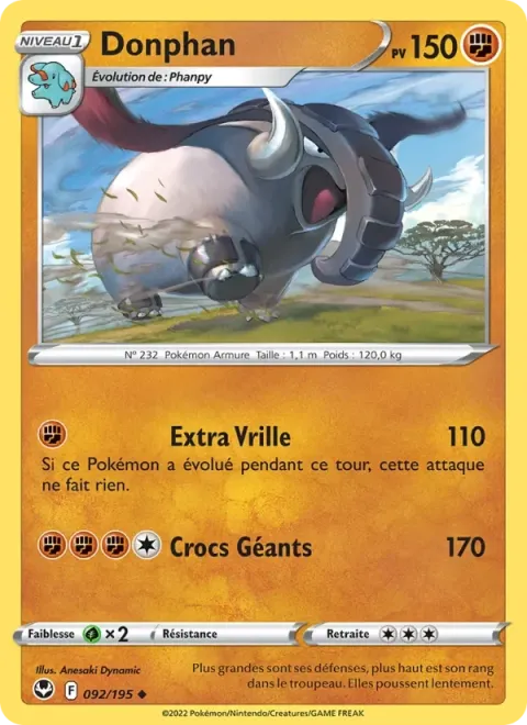 Carte Pokémon Donphan 092/195, extension Tempête Argentée