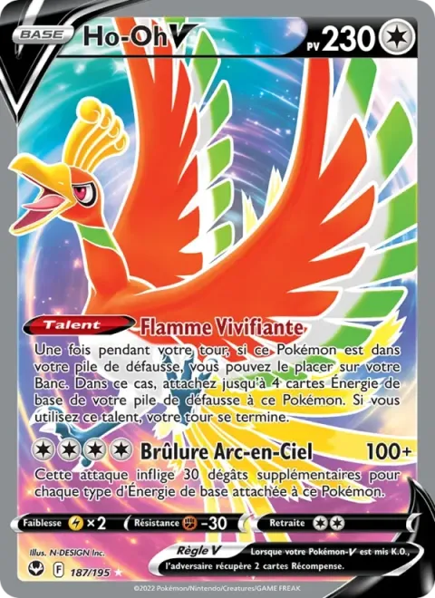 Carte Pokémon Ho-Oh V 187/195, extension Tempête Argentée
