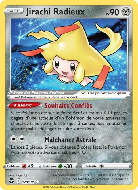 Carte Pokémon Jirachi Radieux 120/195, extension Tempête Argentée