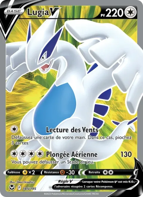 Carte Pokémon Lugia V 185/195, extension Tempête Argentée