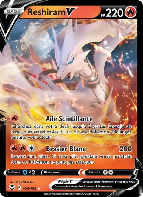 Carte Pokémon Reshiram V 024/195, extension Tempête Argentée
