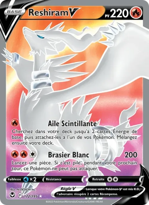 Carte Pokémon Reshiram V 172/195, extension Tempête Argentée