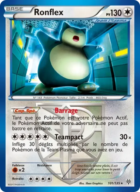 Carte Pokémon Ronflex 101/135, extension Tempète Plasma